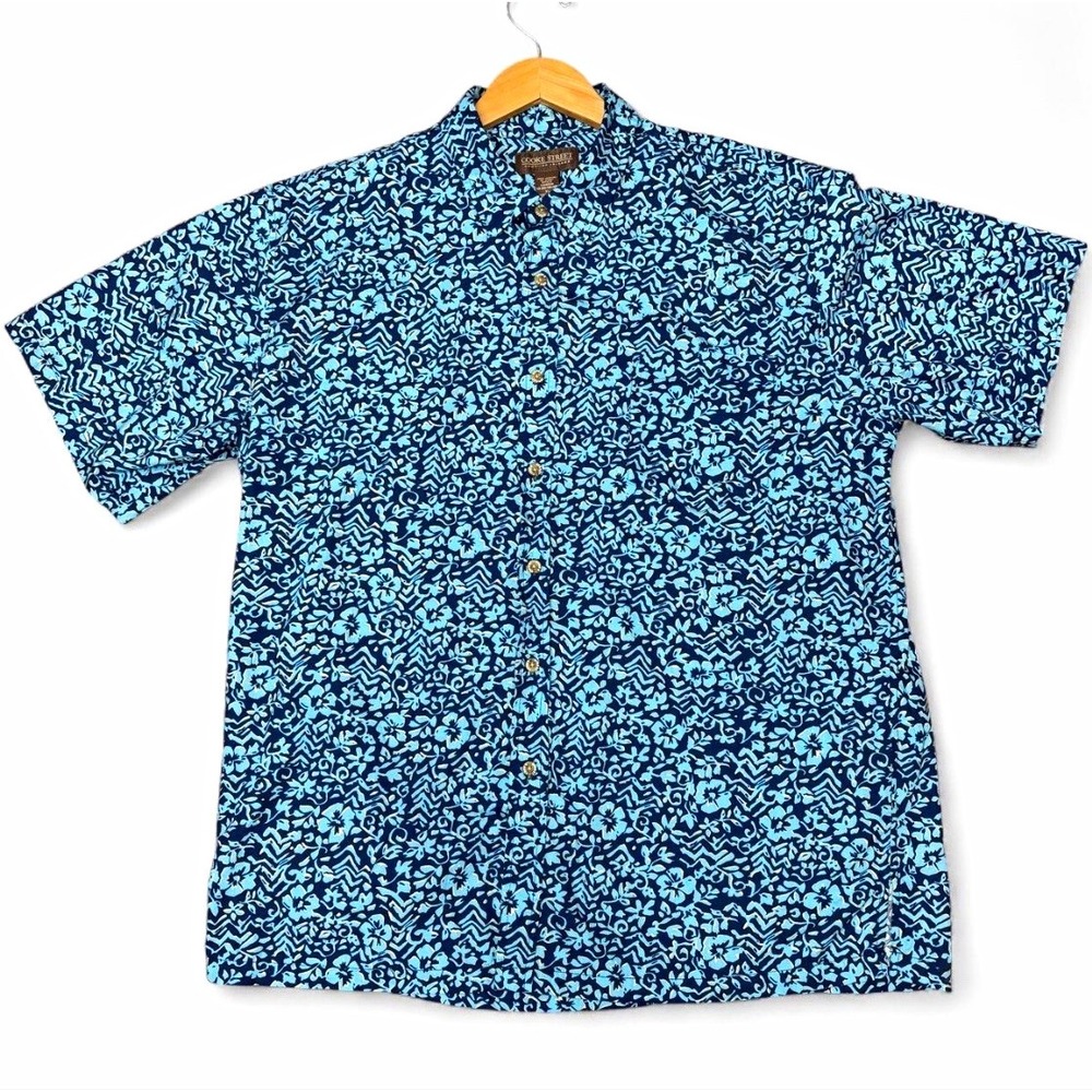 Cooke Street Hawaiian Islands Men's XL Blue Cotton Floral SS Shirt